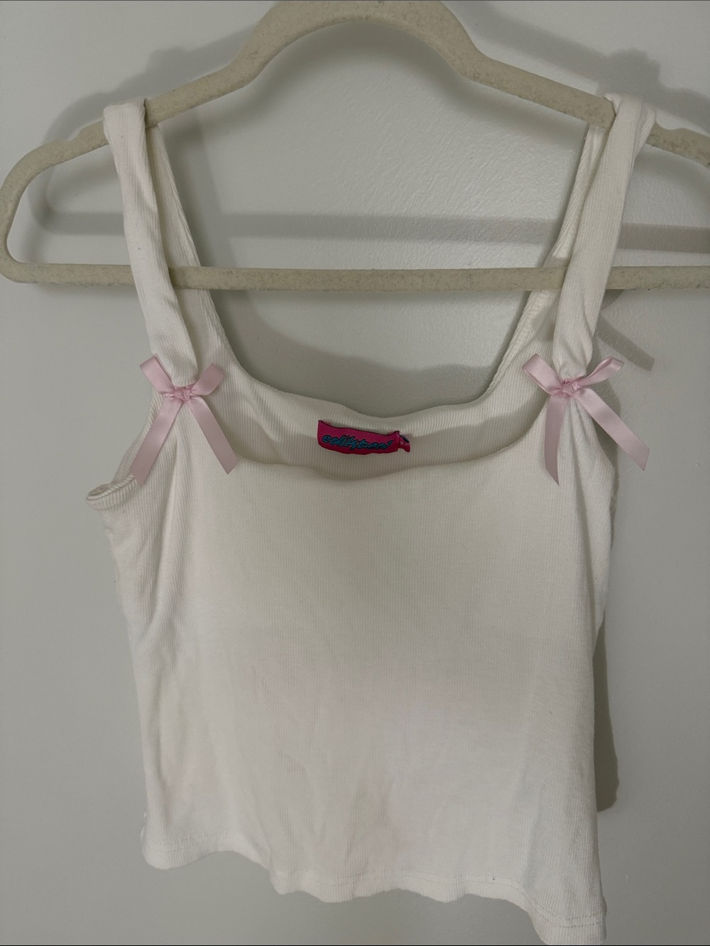Edikted White Ribbed Camisole with Pink Ribbon Straps